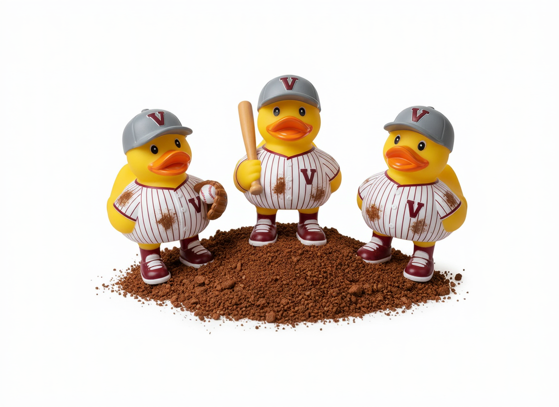 Three yellow rubber duck toy baseball players wearing white pinstriped jerseys with a red 'V' logo, gray caps, and red-and-white sneakers, standing on a pile of brown powder against a white background.
