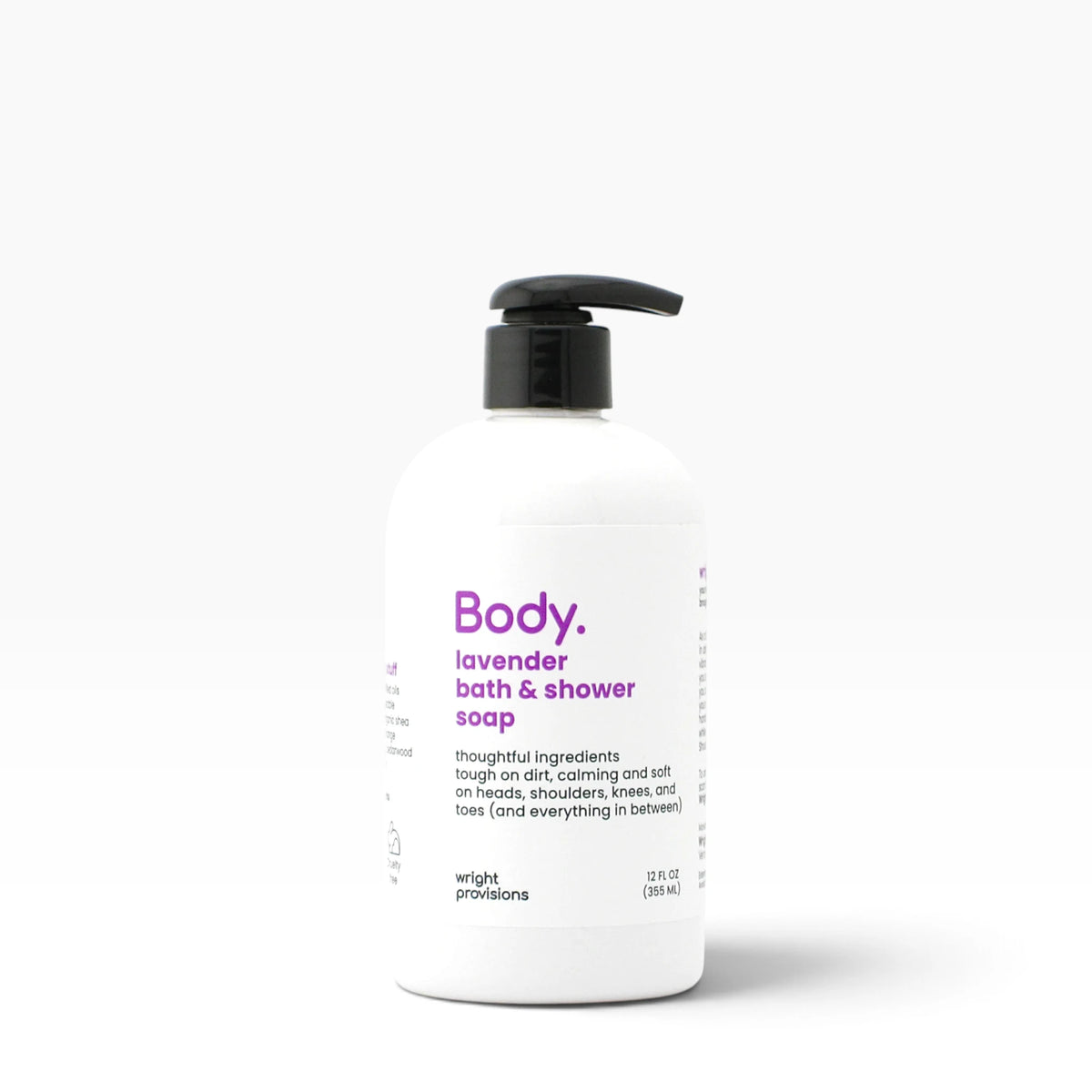 A 12 oz white pump bottle of Body lavender bath & shower soap by Wright Provisions, featuring a black pump and purple text, set against a clean white background.