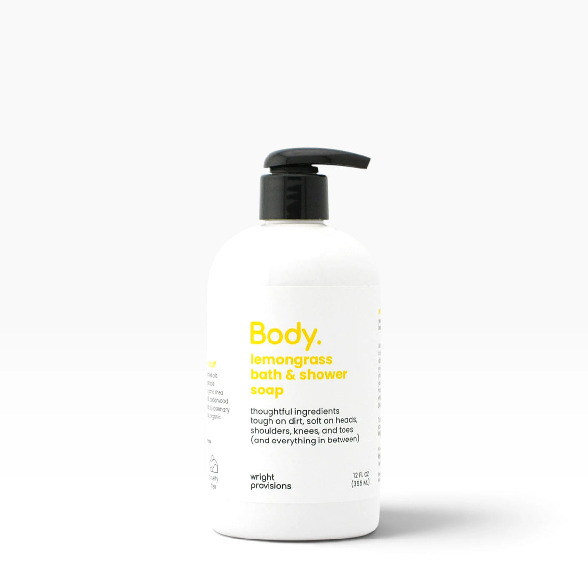 A 12 oz white pump bottle of Body Lemongrass Bath & Shower Soap with a black pump dispenser and yellow text, set against a clean white background.