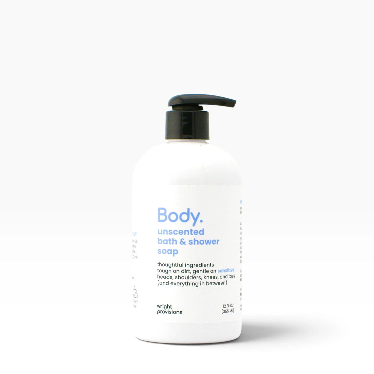 A white 12 oz bottle of Body. Unscented Bath & Shower Soap by Wright Provisions with a black pump dispenser and blue text, set against a clean white background.