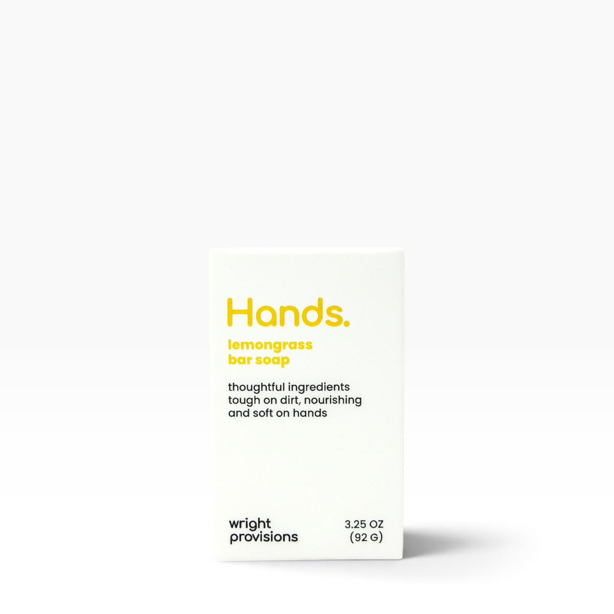 A white rectangular box of Wright Provisions lemongrass bar soap for hands, featuring yellow and black text on a clean white background.