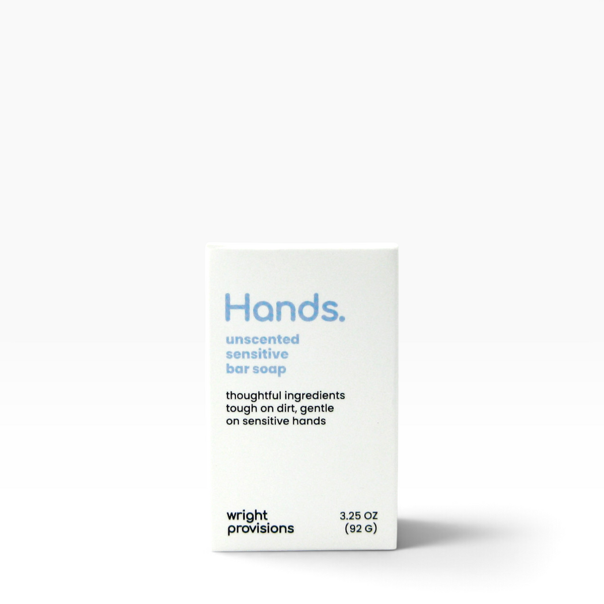 A white rectangular box of Wright Provisions unscented sensitive bar soap for hands, featuring light blue and black text on a clean white background.