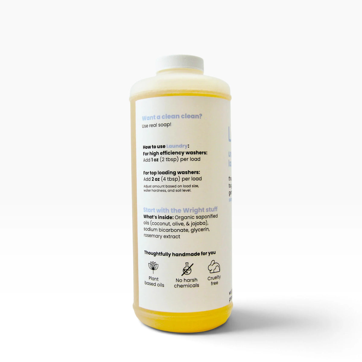 32 oz bottle of laundry soap unscented showing label of ingredients 